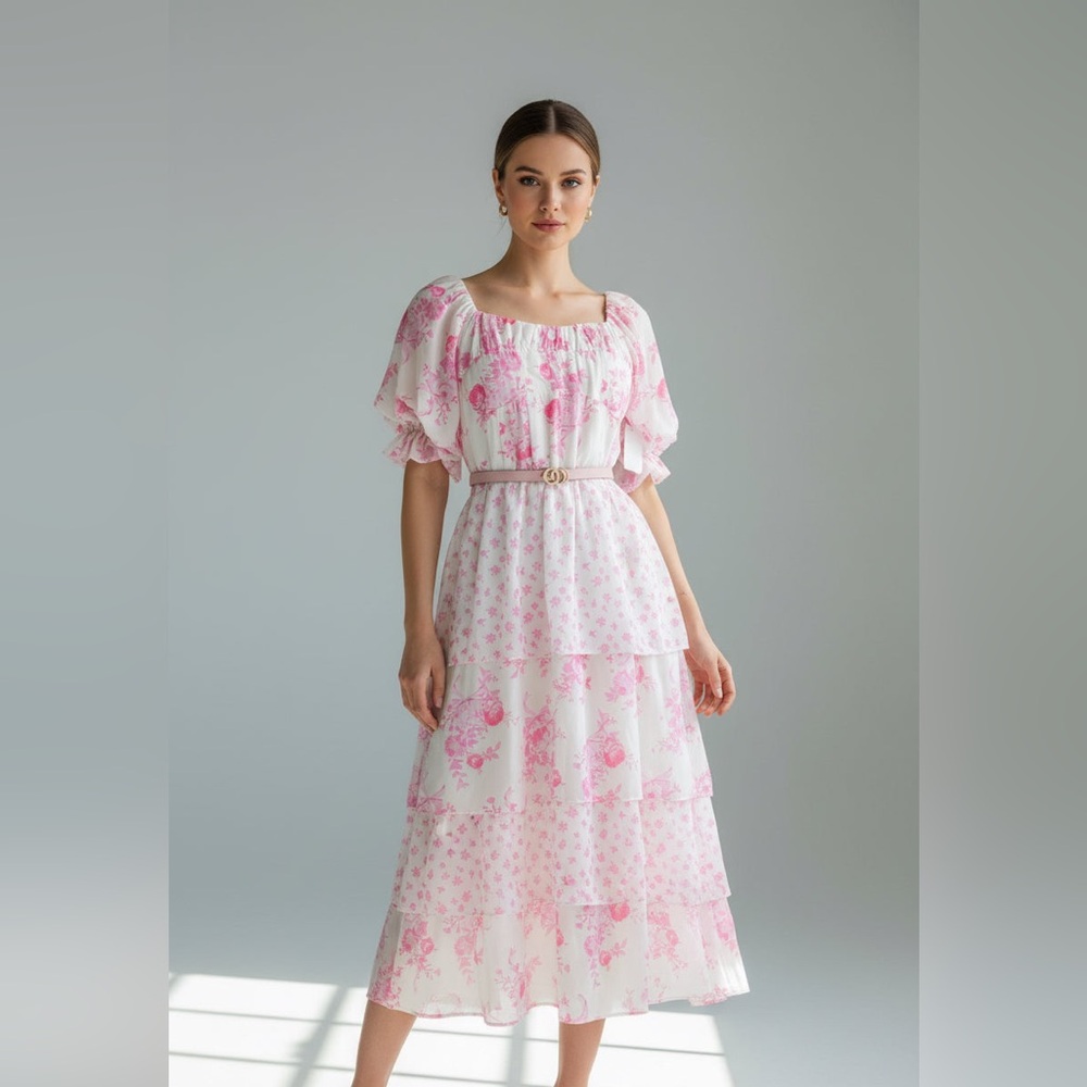 Tiered Pink Floral Maxi Dress with Belted Waist